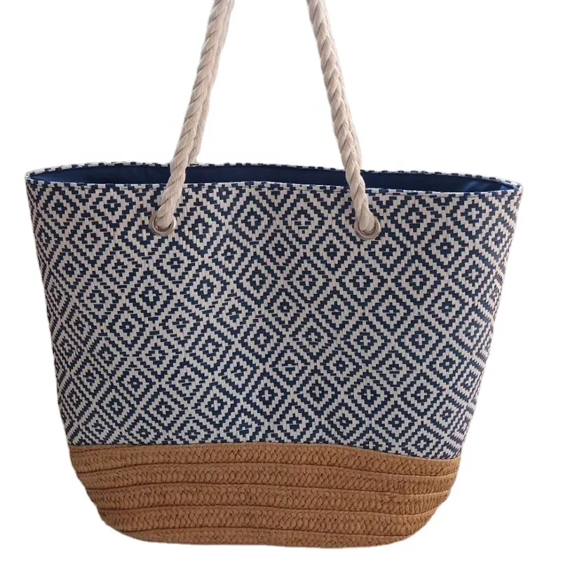 

2020 Shandong Qingdao factory tote bag Paper fabric and braid handle women summer beach bag, Natural mavi