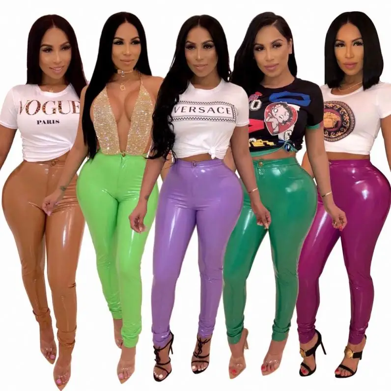 

12 Solid Color High Waist Latex Leather Stretchy Tight Pencil Pants For Women, Light purple,. purple, light green , green, black, red, gold, silver