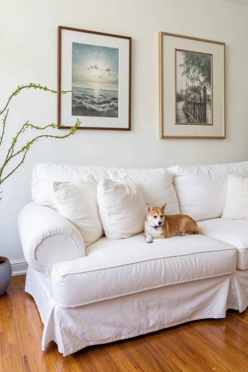 A soft gray microfiber reversible slipcover draped elegantly over a modern L-shaped sectional.