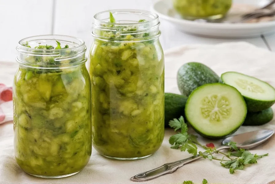Jar of homemade cucumber relish on pantry shelf
