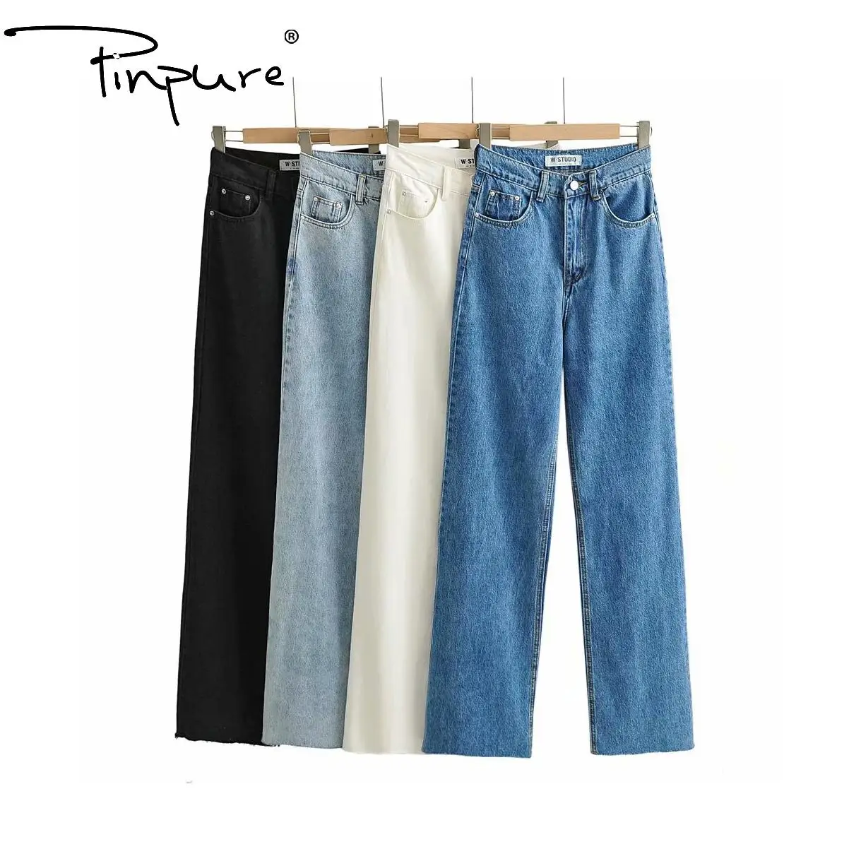 

Washed High-waisted Raw Edge Wide-leg Mopping Denim Trousers R51268S 2021 New New Model Jeans Pants Jeans Wholesale Price Stripe, Dark-blue
