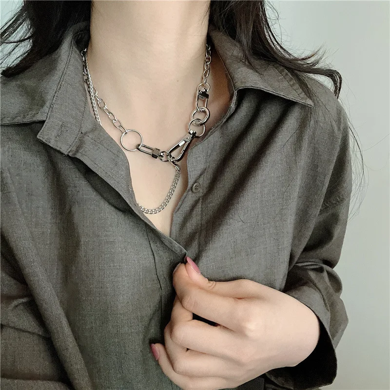 

DanYuan INS titanium steel thick chain necklace lobster double clasp hiphop silver chain necklace women girls gift, Picture