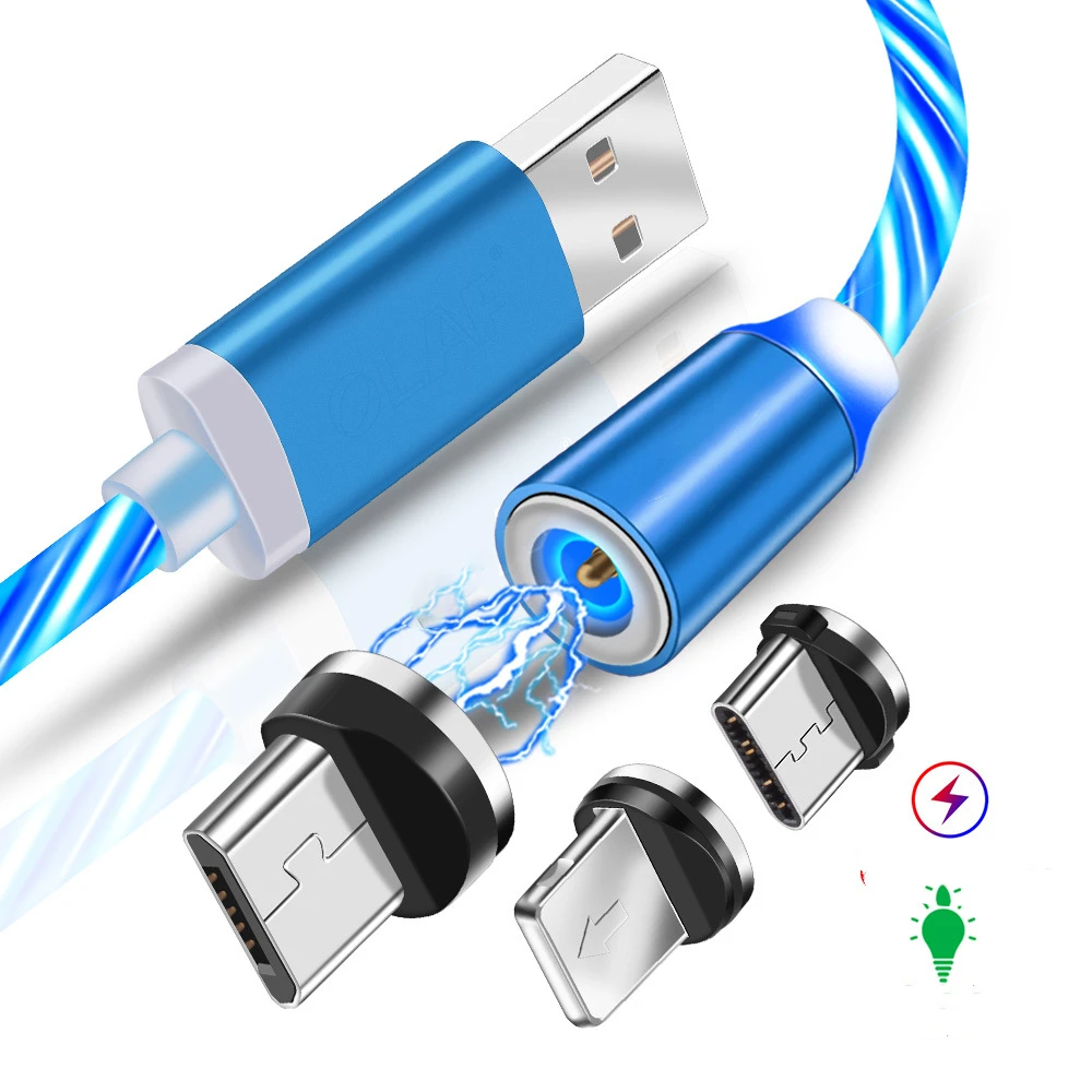 

Latest Real Quick 2.4A Charging 90 Degree Strong Magnet Charger PVC Flowing Led Light Magnetic Android Usb Cable for Samsung, Green/red/blue option