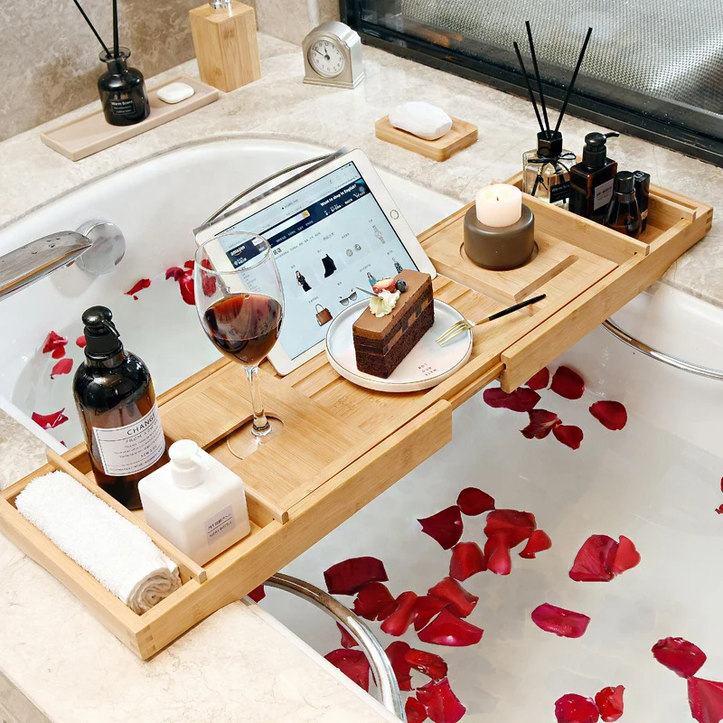 

Multi-Function Bamboo Wooden Bath Tub Bathtub Caddy Tray With Extending Sides, Natural color/as picture show