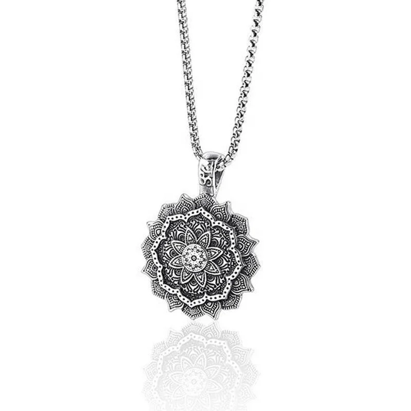

Fashion Simple Europe And American Punk Style Amulet Pendant 316L Stainless Steel Mandala Pendant Necklaces Flower, Silver