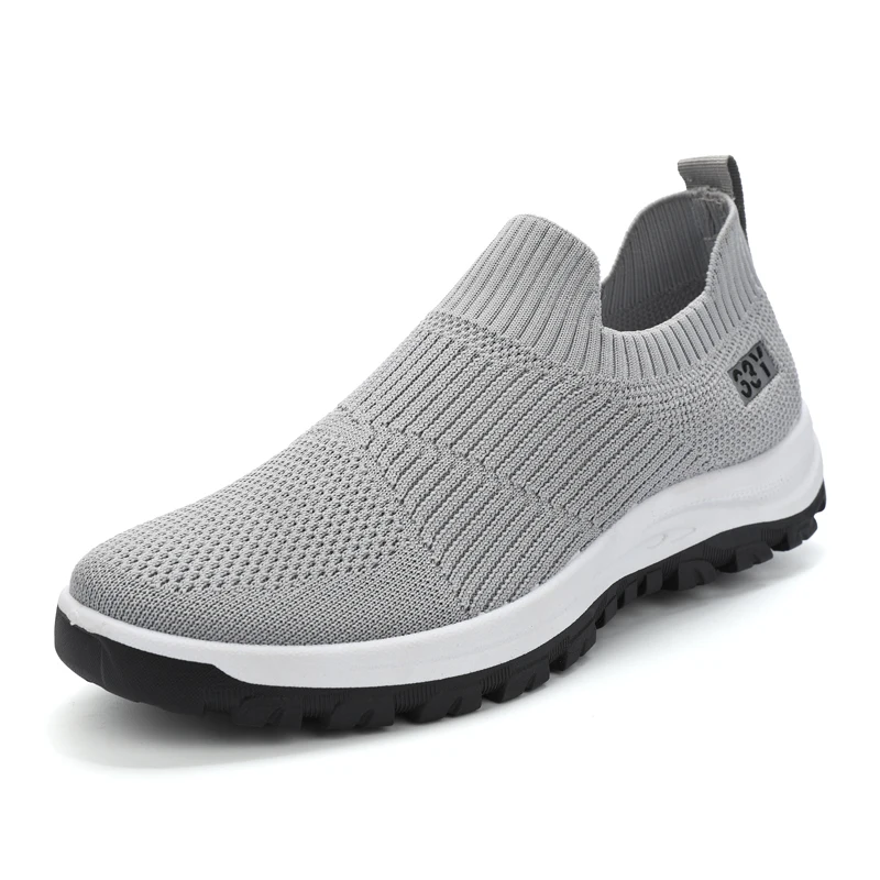 

Customizable Logo Fly Knitting Elastic Breathable Slip On Men Sneaker, Grey, black
