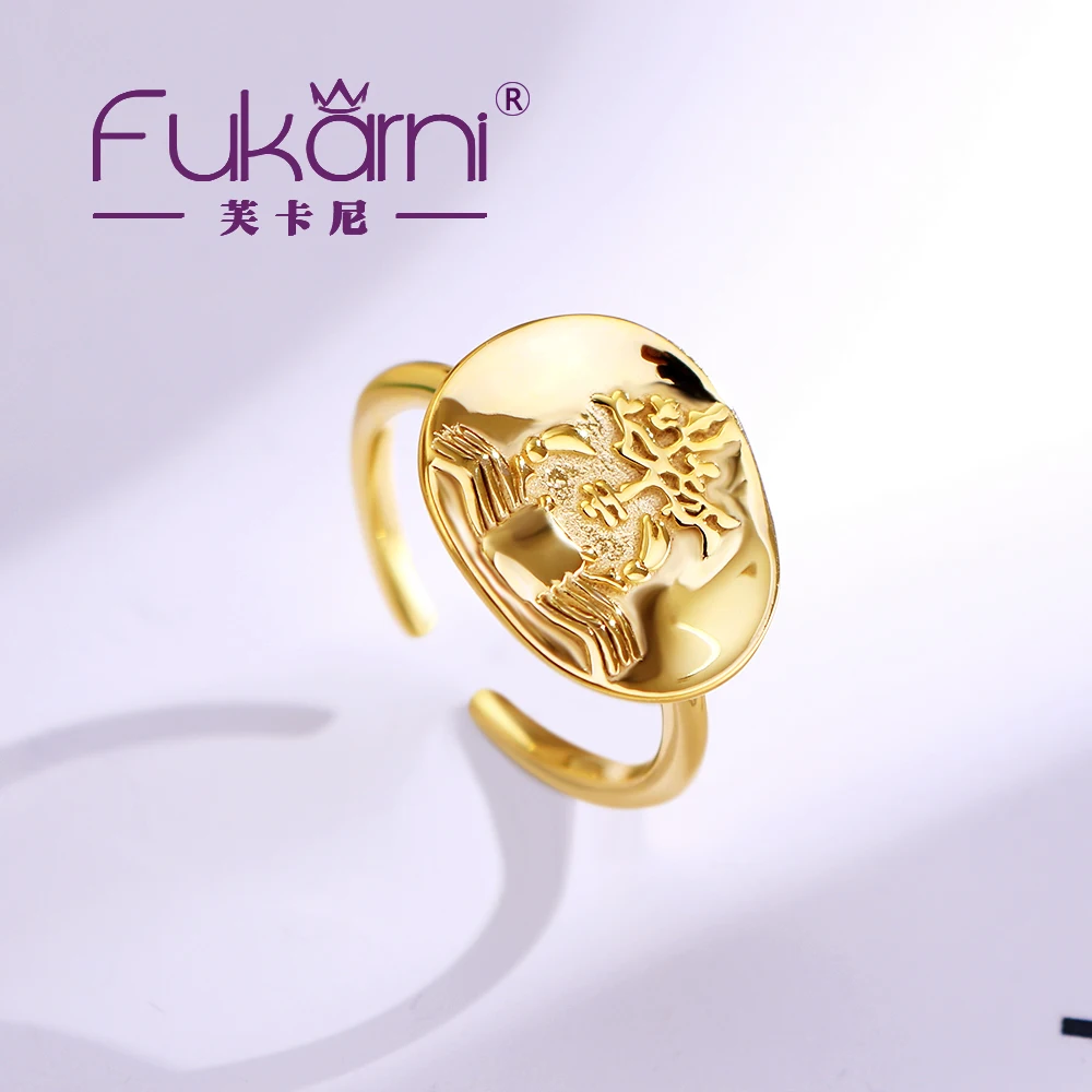 

fukarni pinky Rings Coin Portrait S925 Sterling Silver Gold Plated Open Ring Retro Literary Round Knuckle Rings Female KR308