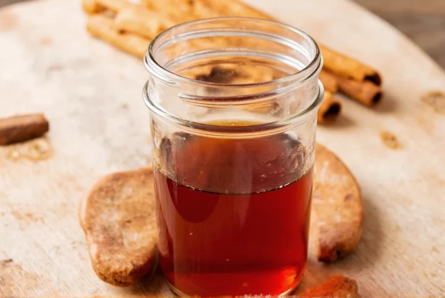 Homemade cinnamon syrup in glass bottle with cinnamon sticks