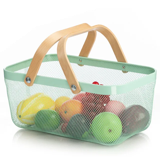 

Kitchen Metal Wire Mesh Fruit Storage Basket With Wooden Handle, Multicolor