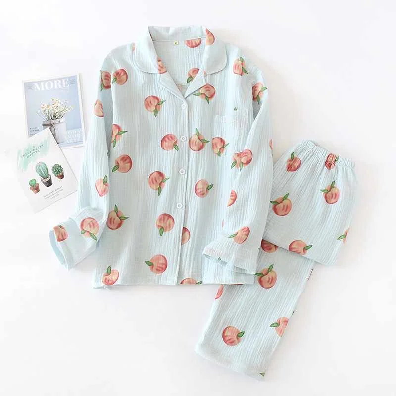 

New large size sleepwear women cotton crepe home service cotton long sleeve trousers suit simple and comfortable summer and autu