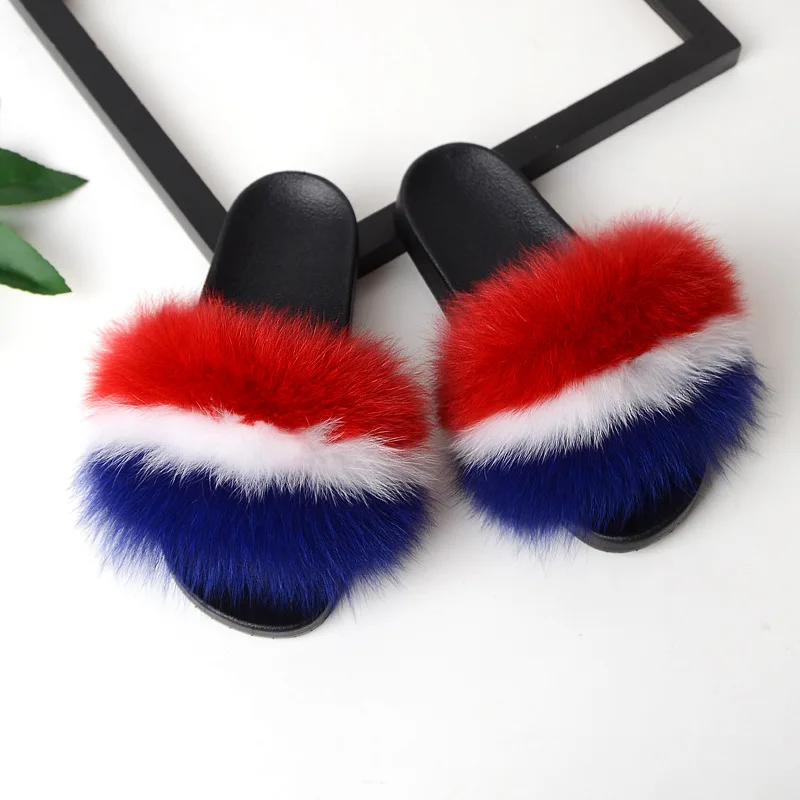 

Ladies fashion fox fur slippers 2021 fashion style, Customized color