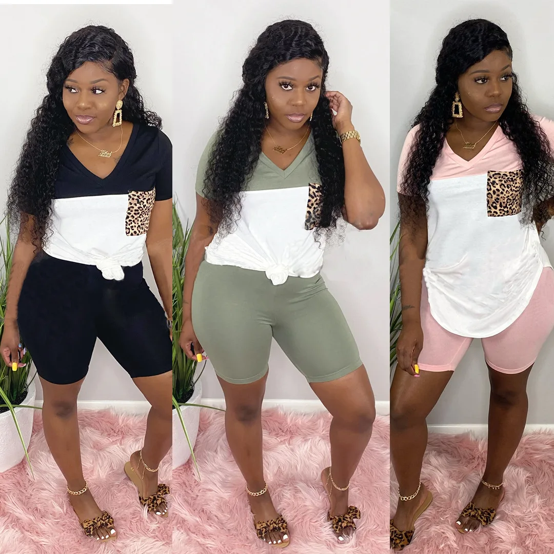 

2020 Contrast Color Casual Clubwear Match Short Sets Women Outfit 2 Piece Two Piece Short Set Summer Matching Set Women Clothing, Solid black/blue/pink/matching set women clothing