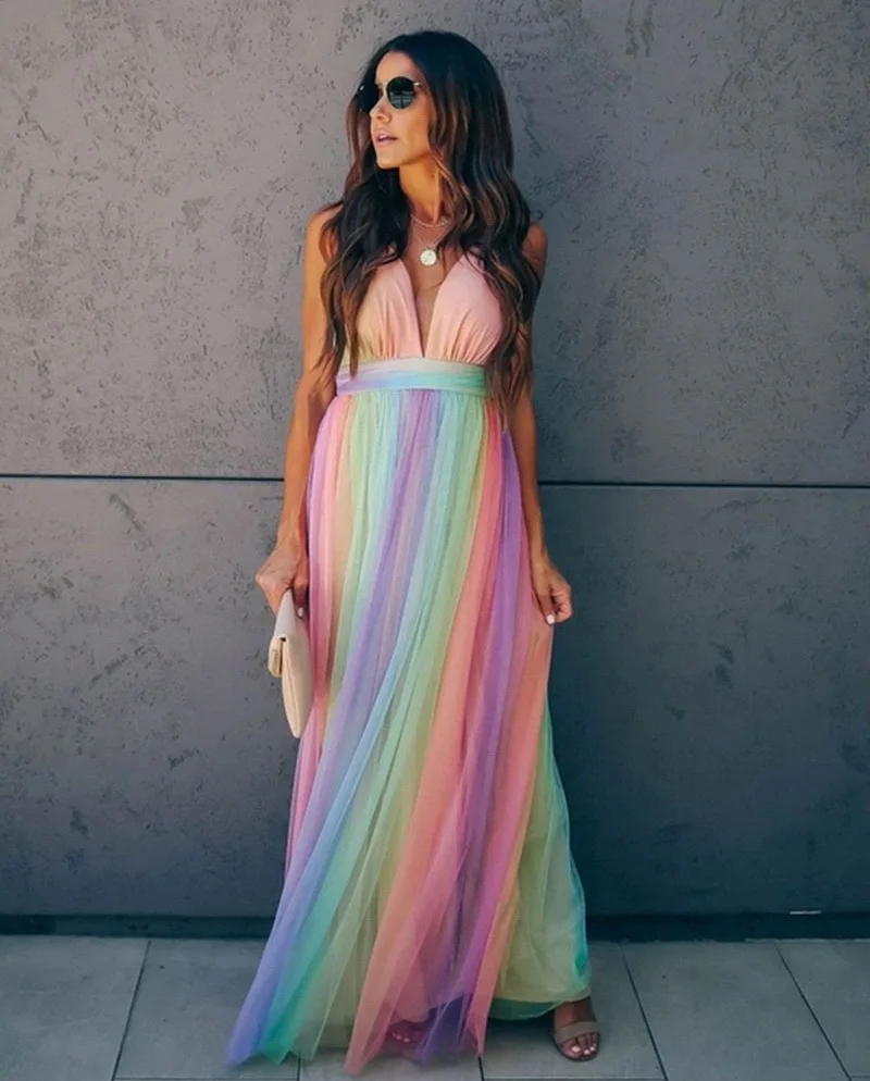 

S0340A 2021 spring and summer new new sling sexy deep V rainbow mesh sling dress evening dresses for wedding, White