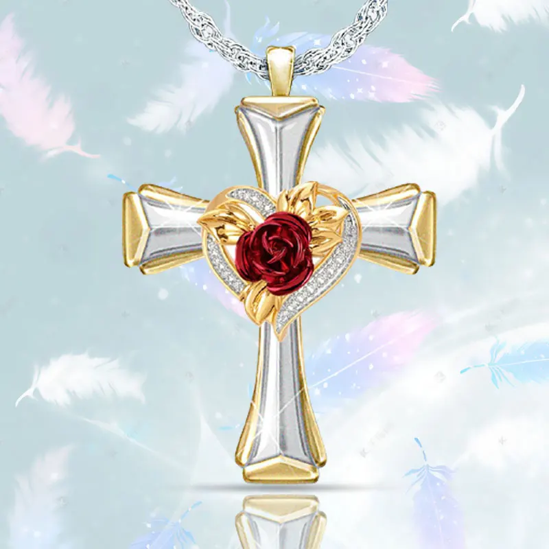 

Exquisite and Romantic Ladies Necklace Banquet Party Jewelry Gift Cross Heart-shaped Diamond Rose Necklace