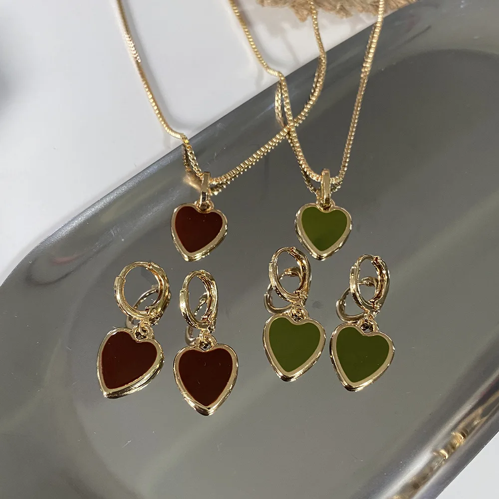 

Dainty Tiny Red Green Enameled Dangle Necklace For Women Valentine's Day Gift Real Gold Plated Heart Necklace