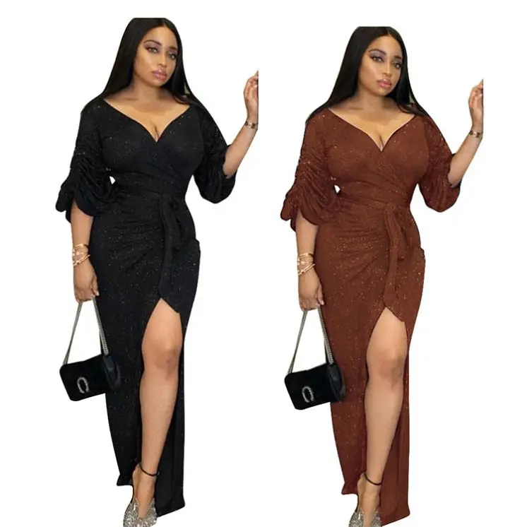

0120M092 2021 good quality sexy girl deep v-neck squein women slit s club dress Evening Bandage Dresses Women, Dark blue, black, caramel