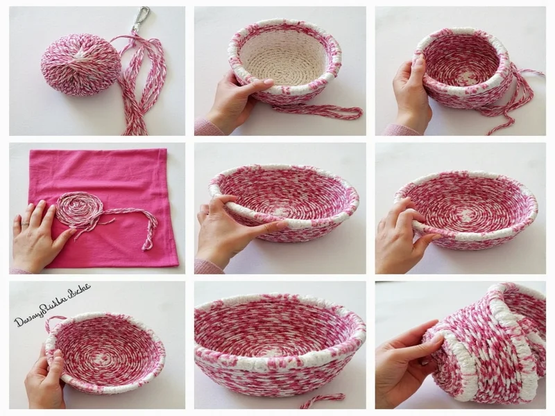 Step-by-step t-shirt yarn basket tutorial using upcycled cotton