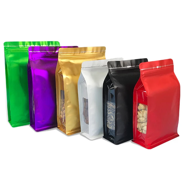 

Food Grade Ziplock Plastic Custom Zipper Bags Aluminum Foil Flat Bottom Stand Up Pouch With Window For Nuts Dried Fruit"
