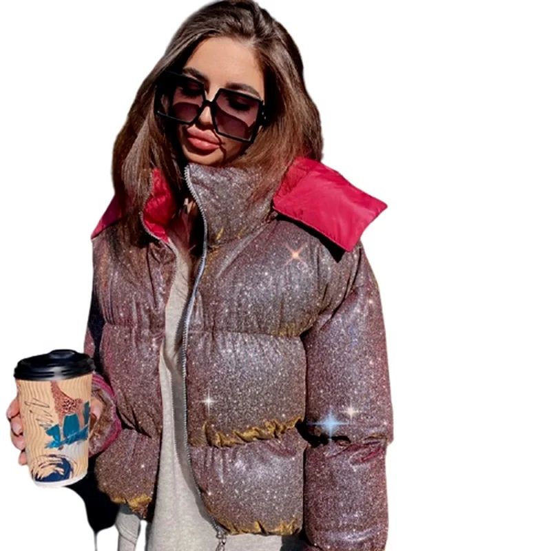 

Shiny Crop Hooded Puffer Jacket Women Winter