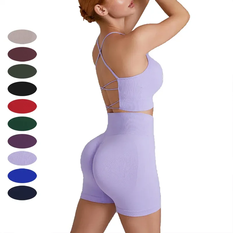 

Fitness Beauty Back Yoga Suit Seamless High Waist Fitness Sportswear Workout Clothes Short Sleeve High Waist Shorts Gym Set