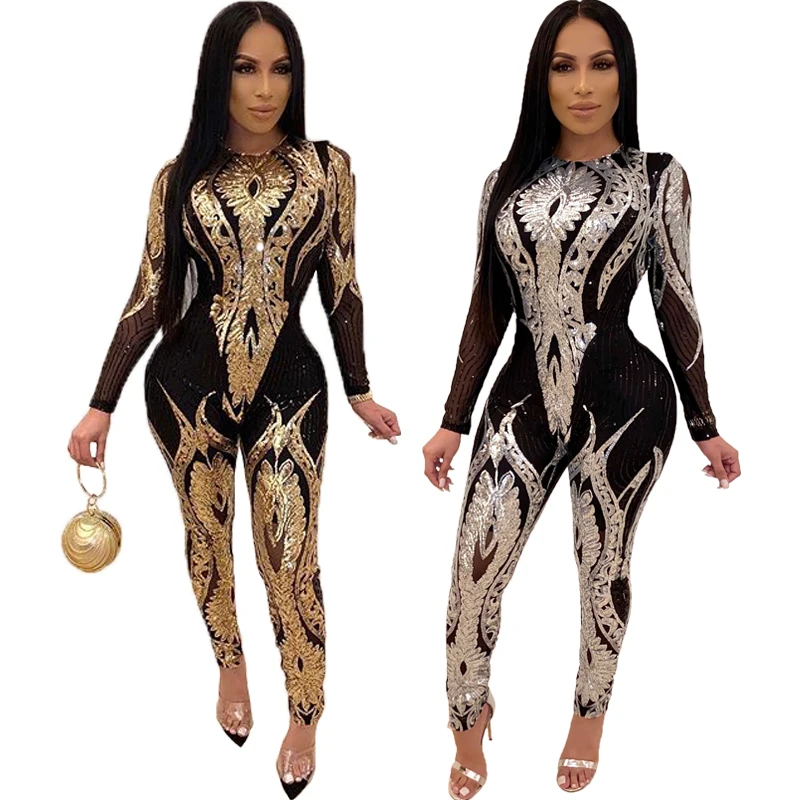 

2021 New arrival fashion Jumpsuits club Splicing Netting translucent Sequins popular sexy woman Plus Size venetian decorative