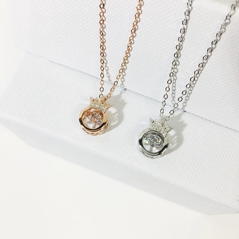 

Fine Fashion Cute Design Luxury Pure S925 jewelry sterling silver Dance Stones Crystal Crown Pendant Necklace For girls