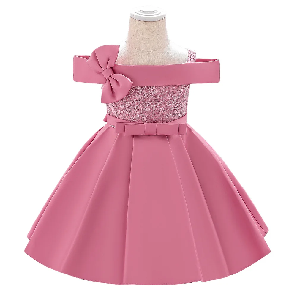 

2021 New Children's Dress One-shoulder Lace Bowknot One-year-old Baby Girl Baby Dress for girls, Picture shows