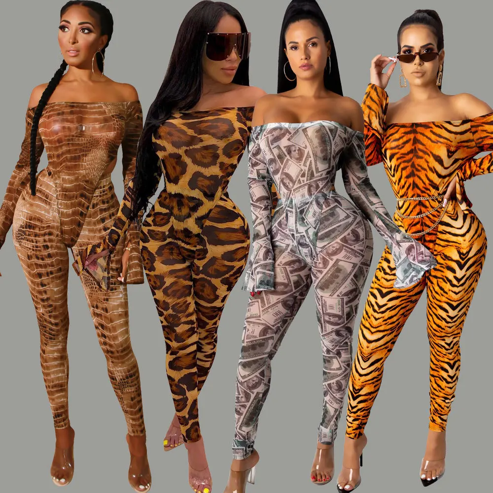 

wholesale Ladies sexy Two piece set women clothing leopard dollar printed off shoulder flared sleeve top and trouser