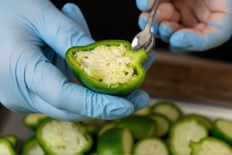 Close-up of hand wearing gloves using a spoon to carefully remove jalapeno seeds and white membranes from halved pepper