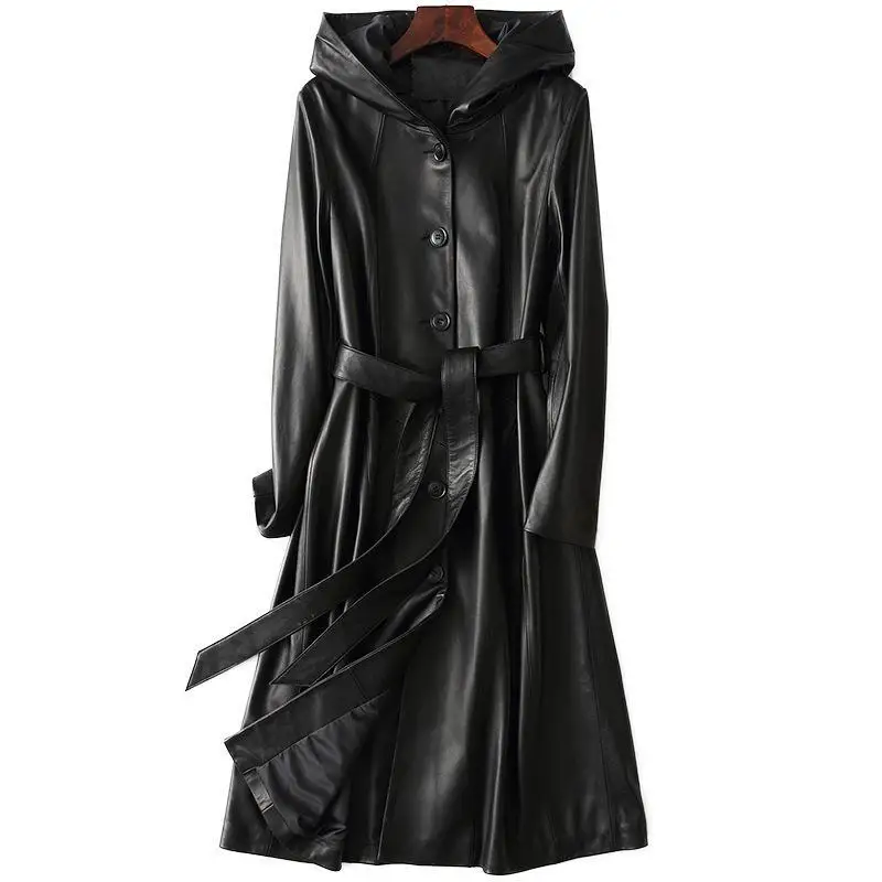 

2021 Hooded slim genuine leather sheepskin coat women long coat jacket with belt