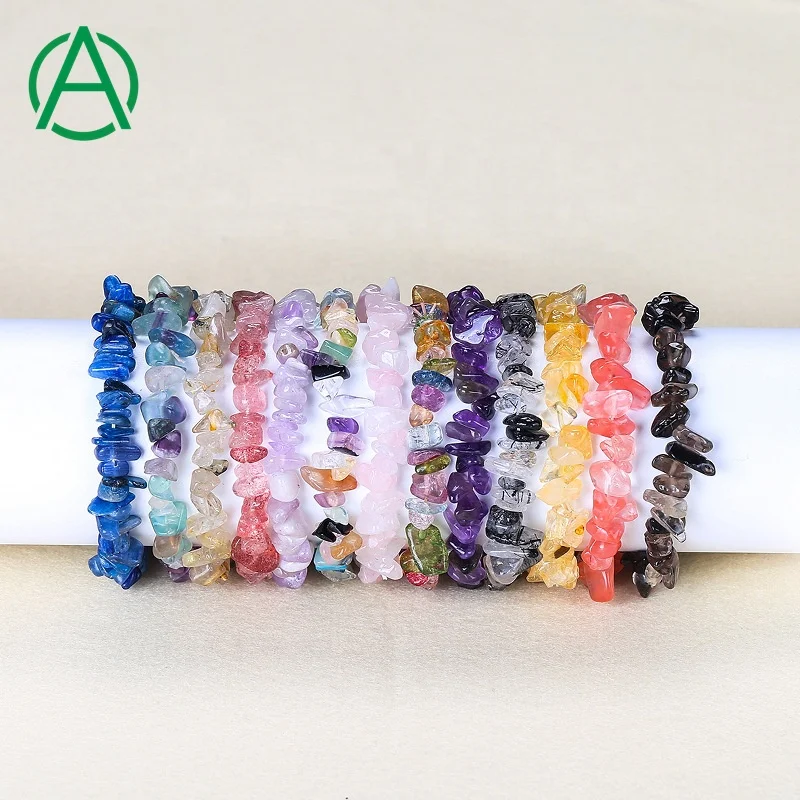 

ArthurGem Natural stone rose quartz amethyst citrine gravel bracelet chakra healing chips strand bead bracelets, 100% natural color