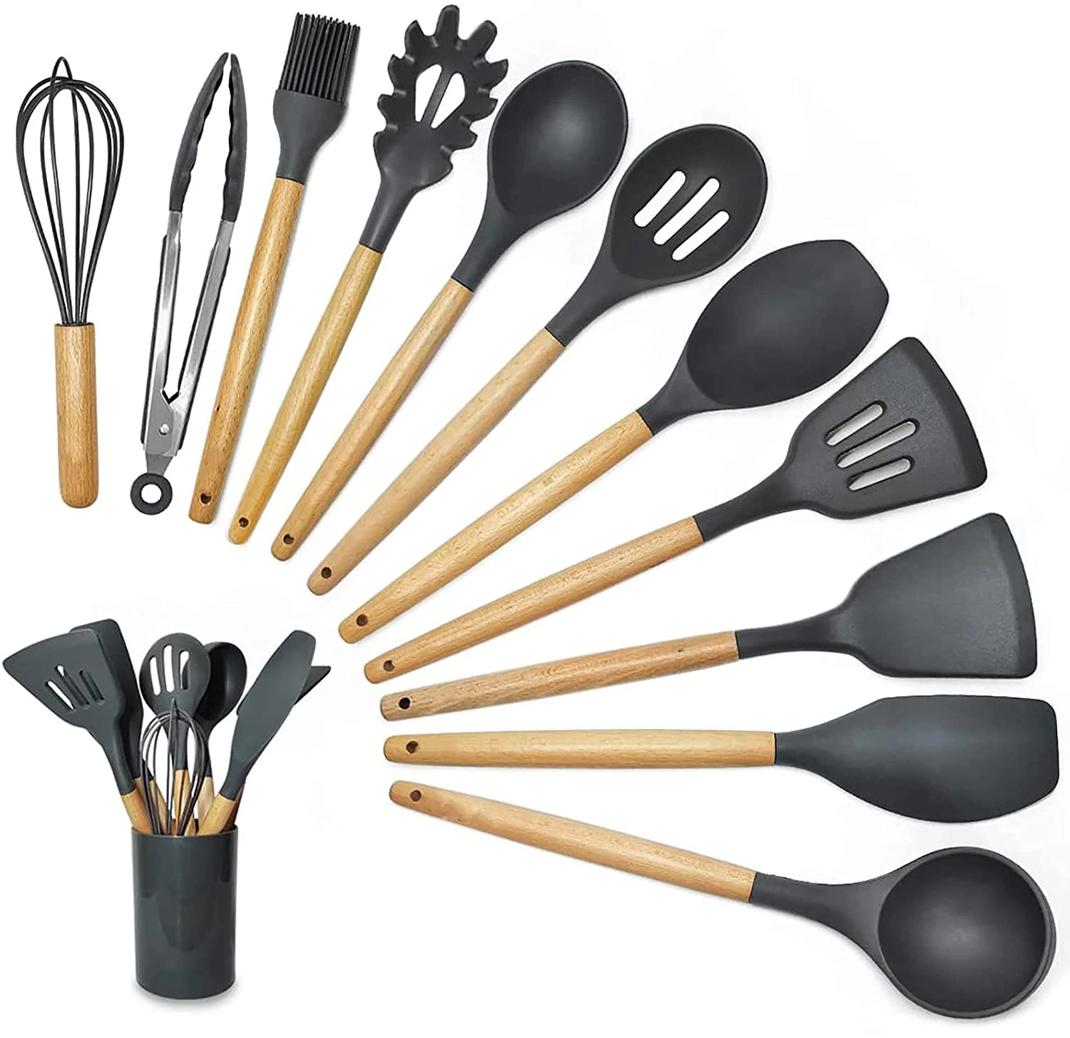 

Wholesale 11Pcs Premium Kitchenware Cooking Tools Non-stick Kitchen Accessories Silicone Utensils Set With Wooden Handles, Stock colors as the picture