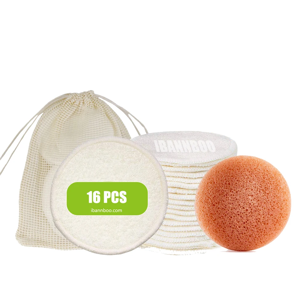 

Ibannboo hot selling in Mexico 16 pack Bamboo Makeup Remover Pads with konjac sponge, Natural bamboo color