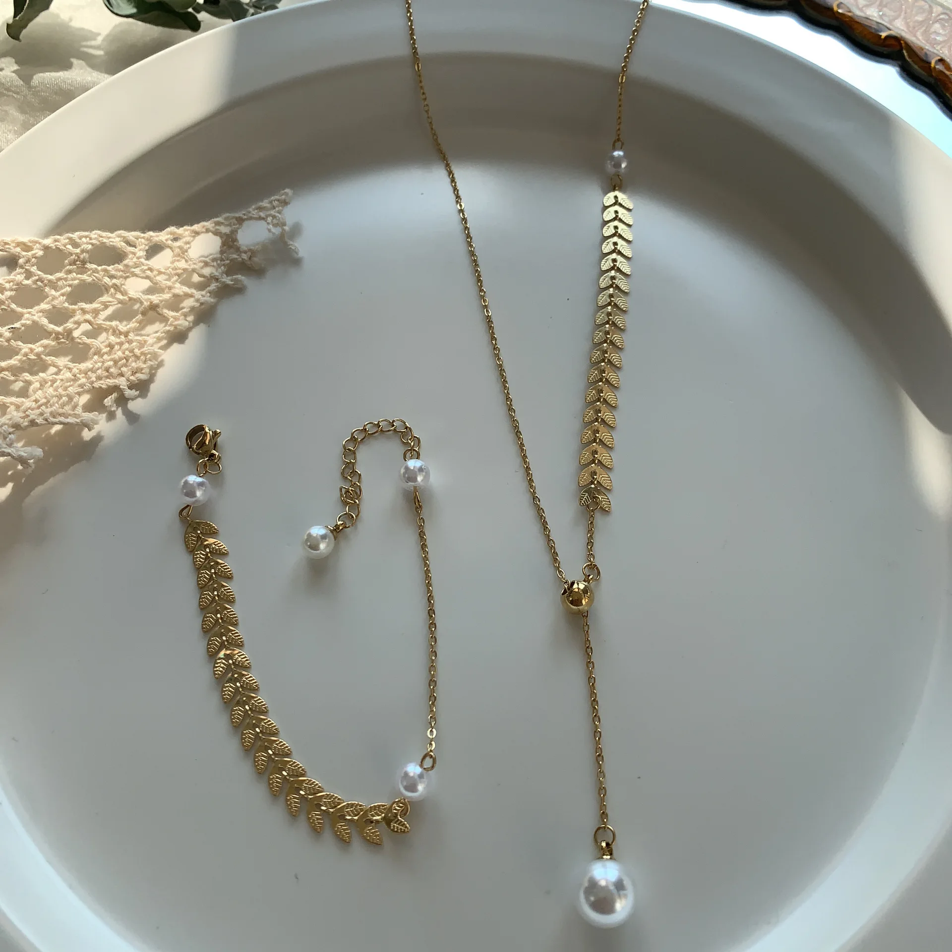 

18k Wheat ear pearl stainless steel necklace bracelet jewelry sets for bayan kolye