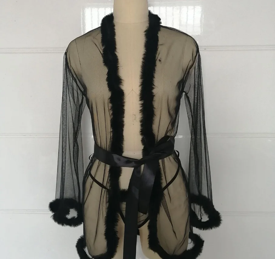 

Wholesale Sexy Nighty Valentine Women SeeThrough Robe Handmade fur collar, Photo