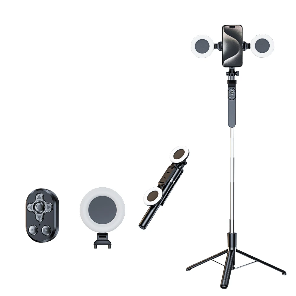 2024 New 1.8m 8 Button Timer Remote Control Photo Tripod Selfie Stick with Double Ring Light Handle for smartphone Gopro