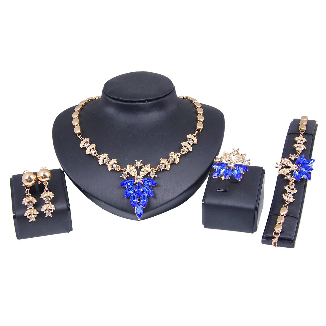 

Fashion exaggerated crystal jewelry set creative bridal necklace earrings four-piece set bracelet ring set, Gold