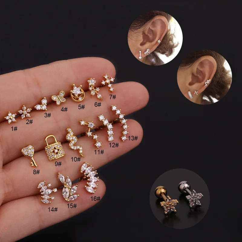 

Wholesale Double Screw Back Steel Barbell Copper CZ Tiny Flower Crown Helix Piercing Jewelry Rook Conch Tragus Cartilage Earring