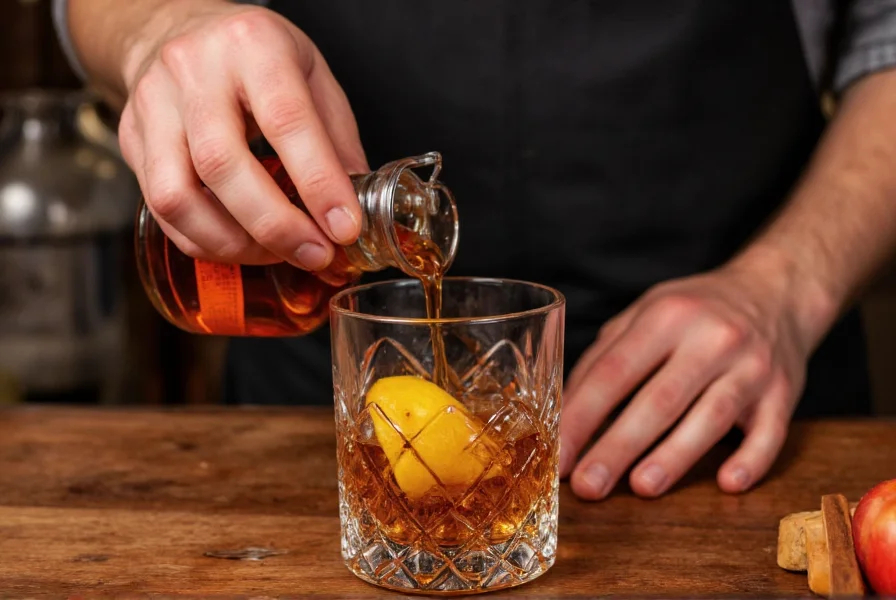 Hand crafting applejack cocktail with cinnamon stick garnish in vintage glassware