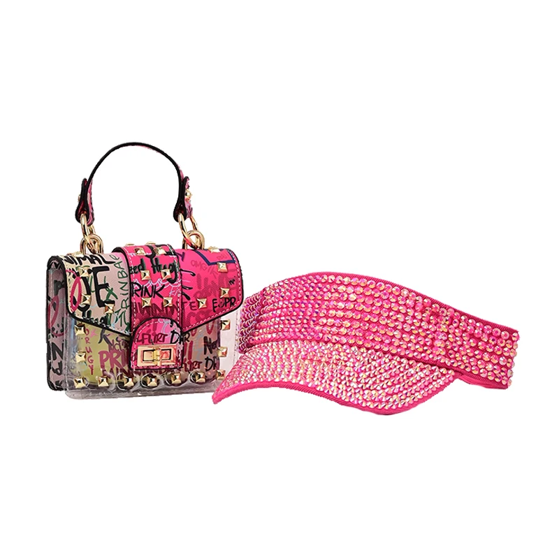 

Women Graffiti Hand bag For Ladies Purse And Diamond Visor Hat Set, 11colours