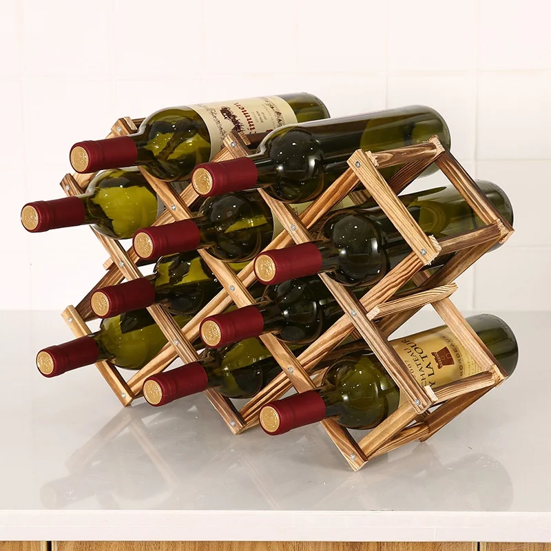 

Countertop Foldable Three Six Ten Wine Bottles Holder Bamboo Tabletop Wooden Wine Organizer Rack