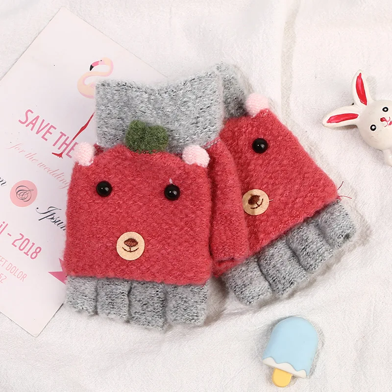 

Children's mitten flip half-finger winter warm knitted woolen yarn baby writing mitten 1 to 8 years old
