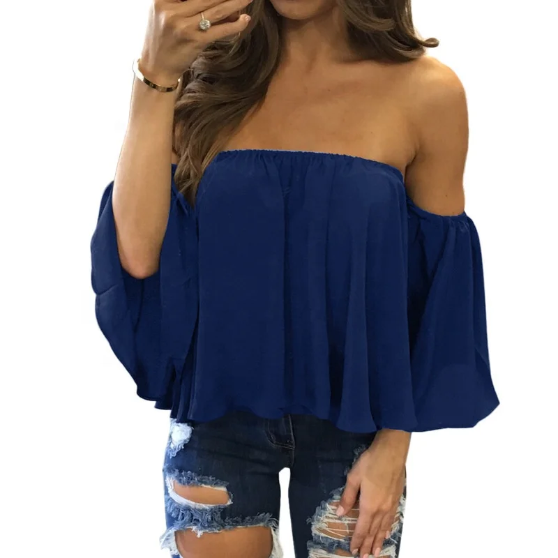 

European and American Ladies Off shoulder Solid Color Chiffon Blouse 2020, As below pictures