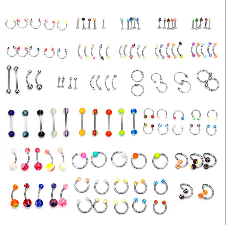 

Wholesale Mix 110 Pcs/Set Acrylic Nose Nails Body Piercing Jewelry Hip Hop Colorful Striped Stainless Steel Belly Button Rings