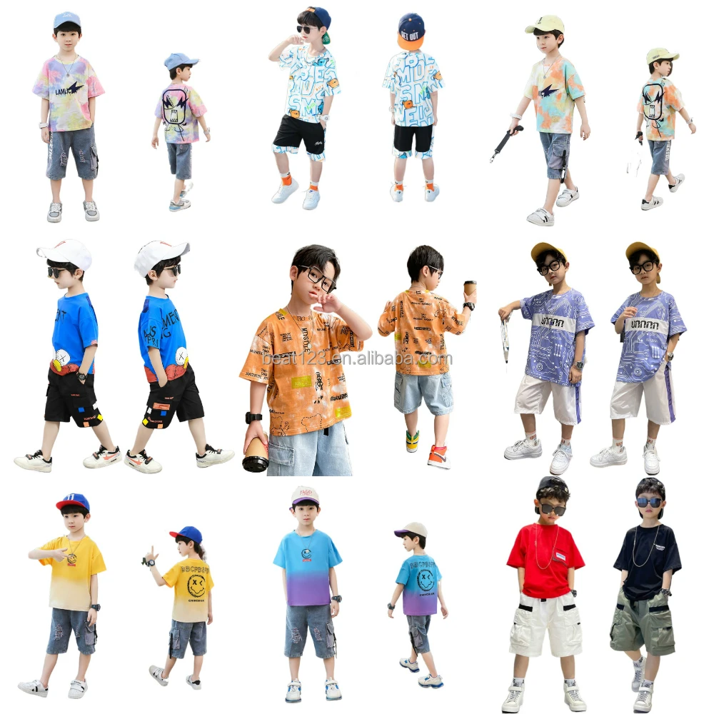 

2022 New wholesale 4 to 13 years boy summer suits, cotton t-shirt with jeans shorts sets