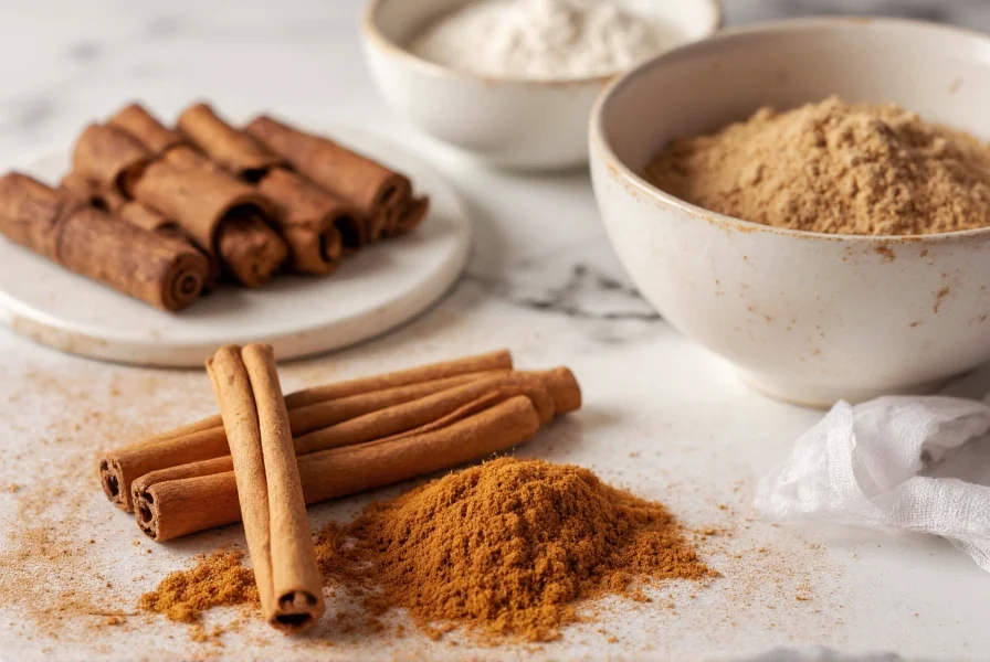 Close-up of cinnamon sticks and ground cinnamon next to baking ingredients including flour, sugar, and mixing bowls