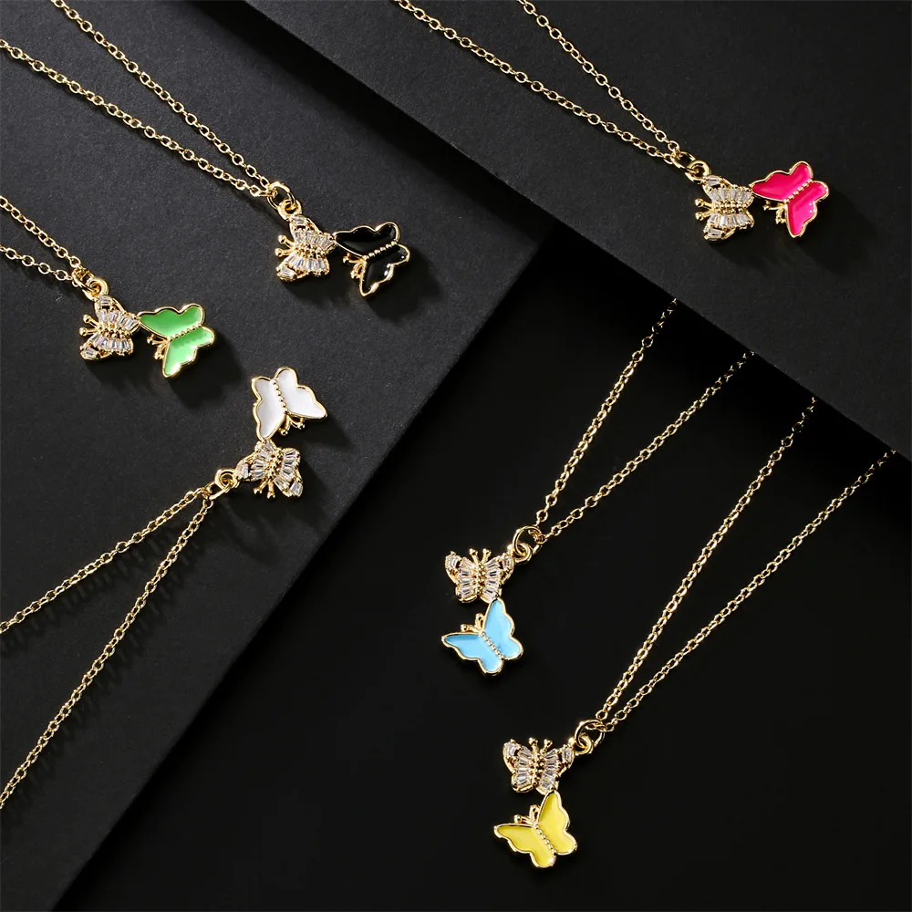 

Collier papillon bijoux plaque or new product INS two butterfly small pendants copper zircon jewelry gold necklace women