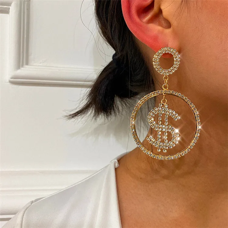 

European and American cross-border jewelry exaggerated rhinestone dollar earrings personality trend circle earrings hoop earring, Picture shows