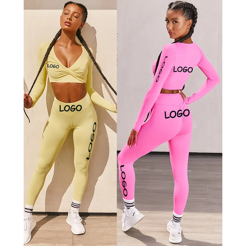 

Free Shipping Tights V-neck Yoga Leggings Long Sleeve Workout and Activewear Sets For Women, Customized color