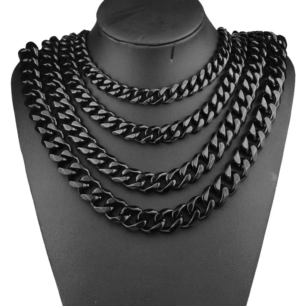 

Ruigang No Fade Dropshipping Hips Hops 8/10/12/15mm Lobster Clasp Black 316L Stainless Steel Cuban Chain Necklace For Men Women